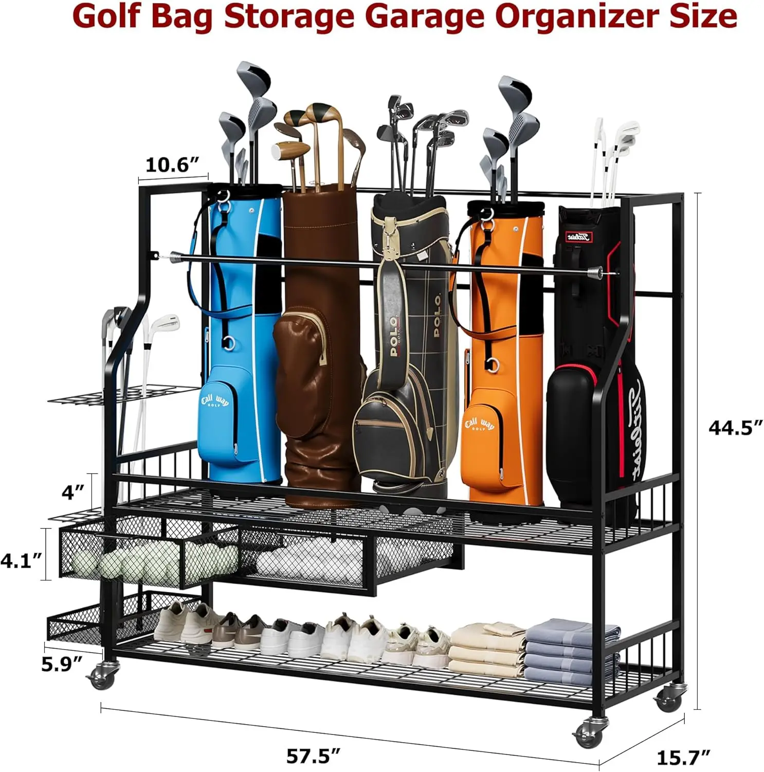 Golf Equipment Garage Organizer - Estante de Almacenamiento Multifuncional con Ruedas